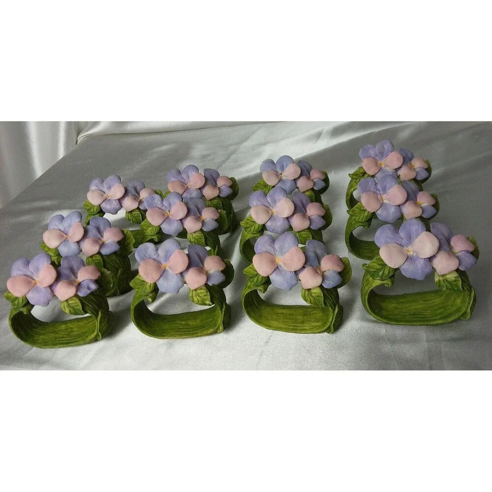 FLORAL PANSIES PORCELAIN NAPKING RING HOLDER SET OF 12